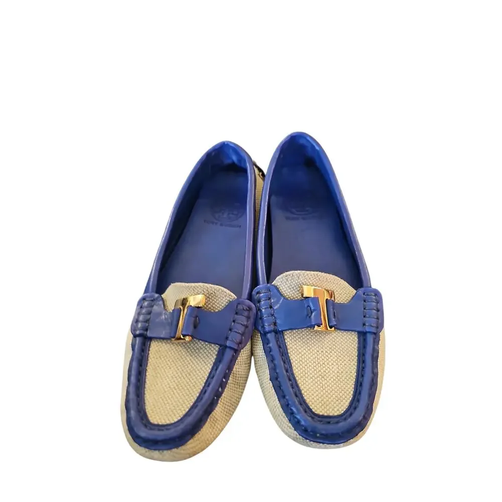Tory Burch natural tan driving loafer with royal blue and gold logo T sz 8.5 SH2